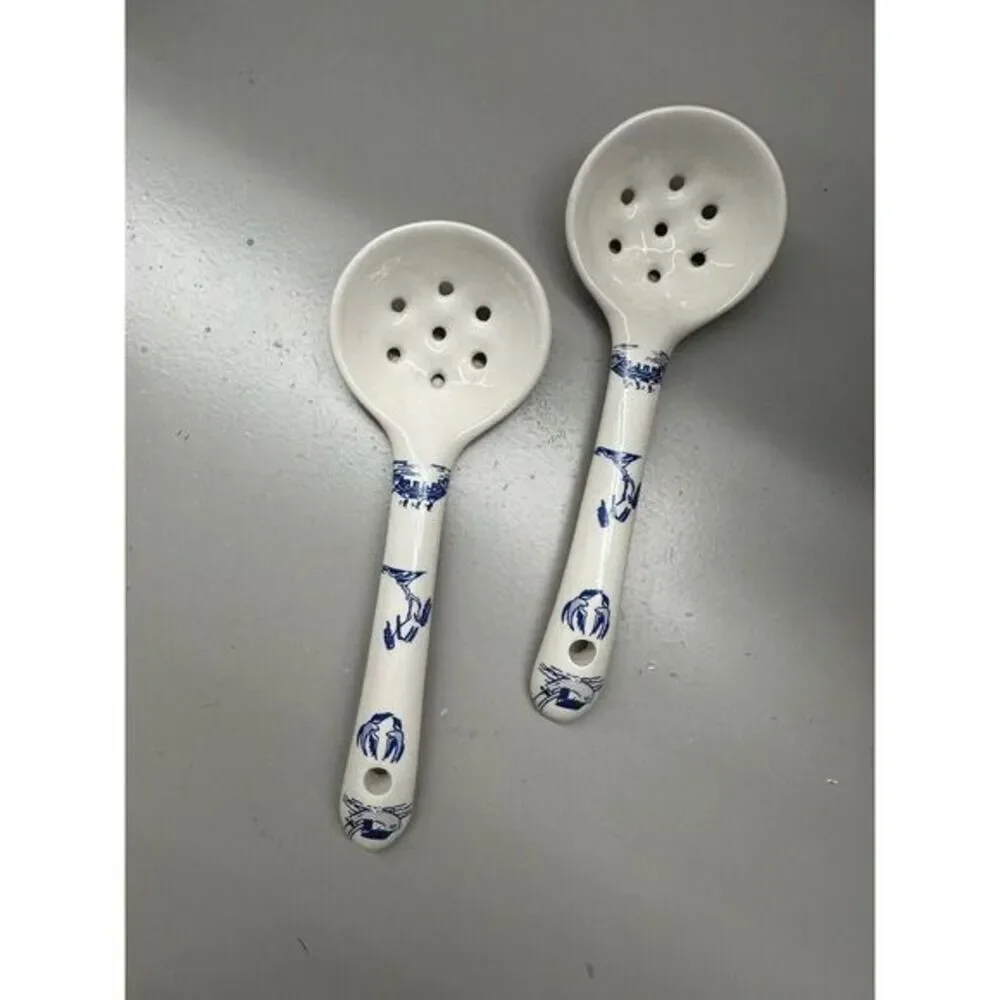 (2) Two Handmade Ceramic Slotted Rice 7” Rice Serving Spoons
